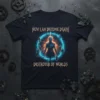 Now I Am Become Death Destroyer Of Worlds quote on a dark t-shirt with a glowing figure and circular design