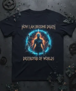 Now I Am Become Death Destroyer Of Worlds quote on a dark t-shirt with a glowing figure and circular design