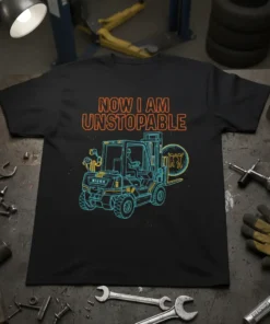 Black t-shirt with "NOW I AM UNSTOPABLE" text and a neon outline of a forklift carrying dancing figures