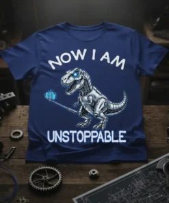 Now I Am Unstoppable Robot T-Rex T-Shirt with cybernetic dinosaur taking a selfie. White text and blue glowing eyes