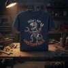 Now I Am Unstoppable quote with a robot T-Rex holding a wrench, on a dark t-shirt
