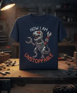Now I Am Unstoppable quote with a robot T-Rex holding a wrench, on a dark t-shirt