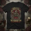 Grim reaper holding a gun on a t-shirt with the quote "Now I Lay Me Down To Sleep And If