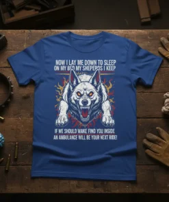 Now I Lay Me Down To Sleep My Shepherds I Keep quote with a fierce wolf graphic on a blue