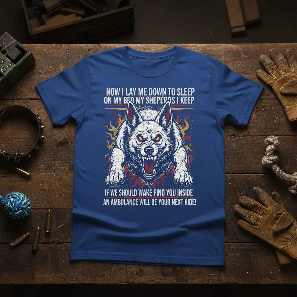 Now I Lay Me Down To Sleep My Shepherds I Keep quote with snarling wolf graphic on blue t-shirt design