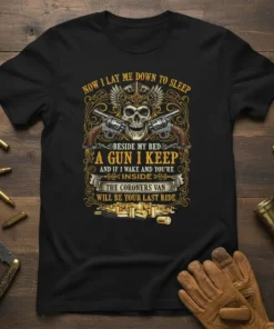 Now I Lay Me Down To Sleep A Gun I Keep quote with skull and guns graphic on a black