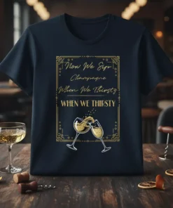 Dark t-shirt with gold text "Now We Sip Champagne When We Thirsty WHEN WE THIRSTY" and two champagne glasses toasting