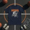 Navy blue t-shirt featuring the word NOWA in orange above a dynamic graphic of a basketball player dunking, with a
