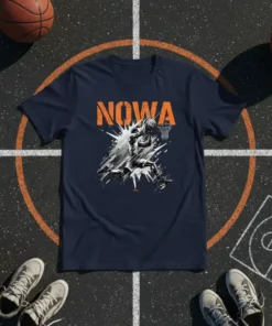 Navy blue t-shirt featuring the word NOWA in orange above a dynamic graphic of a basketball player dunking, with a