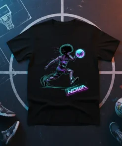 NOWA basketball player in neon graphic style with basketball, on black t-shirt