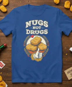 Nugs Not Drugs t-shirt design featuring chicken nuggets, a thumbs-up, and laurel wreath