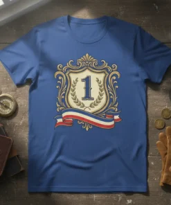 Number 1 Award Design T-Shirt featuring a prominent numeral '1' within a laurel wreath crest and a red, white, and