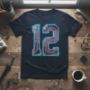 Number 12 design on a dark t-shirt, featuring glowing red circuit board lines within a blue neon outline