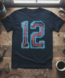 Number 12 design on a dark t-shirt, featuring glowing red circuit board lines within a blue neon outline