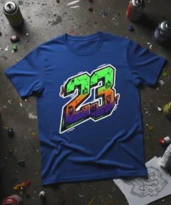 Blue t-shirt with a large '23' graphic in green, orange, and purple graffiti style, featuring cracked texture and subtle character