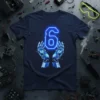 Number 6 Robot Hands T-Shirt design with neon blue number 6 and futuristic blue robot hands on a navy shirt
