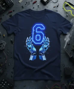 Number 6 Robot Hands T-Shirt design with neon blue number 6 and futuristic blue robot hands on a navy shirt
