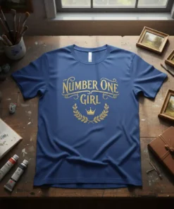 Blue t-shirt with gold text "Number One Girl" and a laurel wreath with a crown graphic