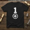 Black t-shirt with distressed white number '1' above a white Maltese Cross emblem within a circle