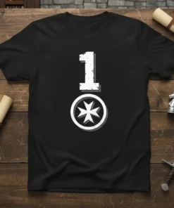 Black t-shirt with distressed white number '1' above a white Maltese Cross emblem within a circle