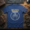 Nuns Smoking Habits text design featuring three stylized nuns with smoke rising above them, printed on a navy blue t-shirt