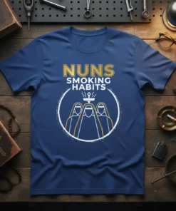 Nuns Smoking Habits text design featuring three stylized nuns with smoke rising above them, printed on a navy blue t-shirt