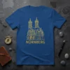 Nuremberg city landmark graphic with text "NÜRNBERG" on a blue t-shirt
