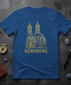 Nuremberg city landmark graphic with text "NÜRNBERG" on a blue t-shirt