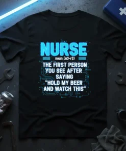 Black t-shirt with "NURSE noun.(n3-r3) THE FIRST PERSON YOU SEE AFTER SAYING 'HOLD MY BEER AND WATCH THIS'" in glowing