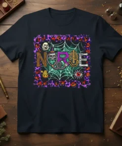 Nurse Halloween Costume T-Shirt design with spooky graphics, cobwebs, pumpkins, skulls, and a skeleton ribcage spelling 'NURSE'