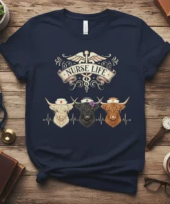 Nurse Life Highland Cow T-Shirt with three cows wearing nurse caps and a caduceus symbol