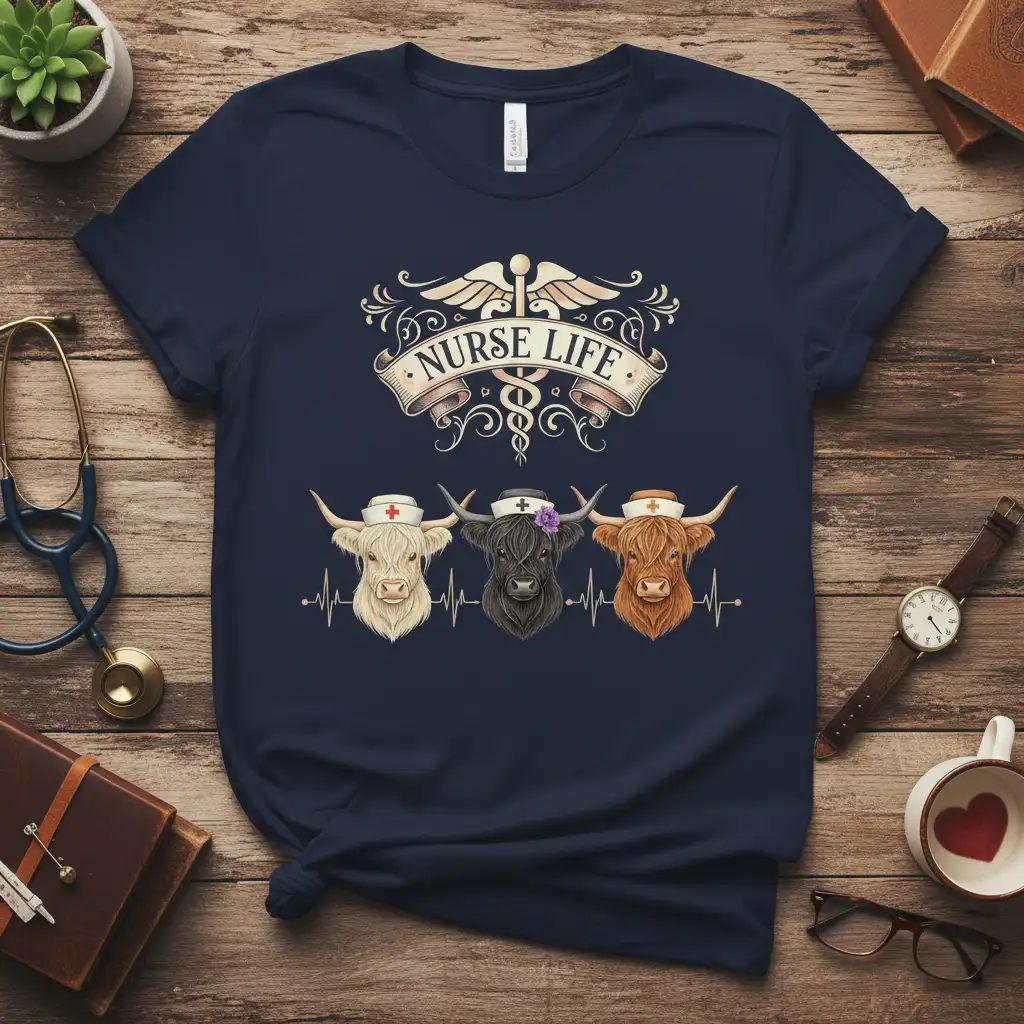 Nurse Life text above three highland cows in nurse caps with a medical caduceus symbol