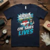 Nurse Like It Harder Faster Deeper CPR Saves Lives t-shirt design featuring a superhero nurse and heart graphic