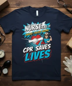 Nurse Like It Harder Faster Deeper CPR Saves Lives t-shirt design featuring a superhero nurse and heart graphic