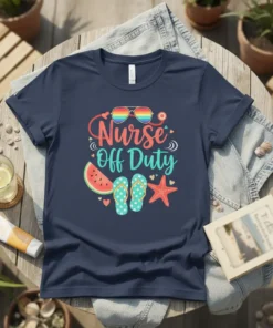 Nurse Off Duty T-Shirt with rainbow sunglasses, watermelon, and flip-flops graphic