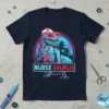 Nurse Saurus T-Shirt design featuring a T-Rex dinosaur wearing a nurse's hat, stethoscope, and sunglasses with a tropical background