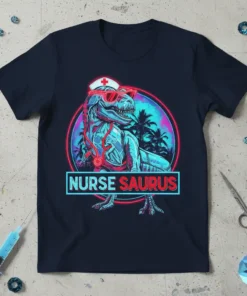 Nurse Saurus T-Shirt design featuring a T-Rex dinosaur wearing a nurse's hat, stethoscope, and sunglasses with a tropical background