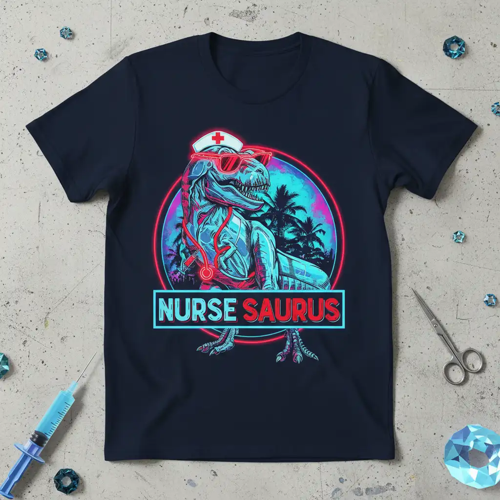 Nurse Saurus T-Shirt featuring a T-Rex dinosaur in nurse attire with a tropical neon background