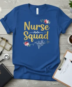 Gold glitter text "Nurse Squad" with floral accents and caduceus symbol on a blue t-shirt