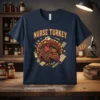 Nurse Turkey design on a navy blue t-shirt, featuring a muscular turkey wearing a nurse's cap and stethoscope, surrounded by