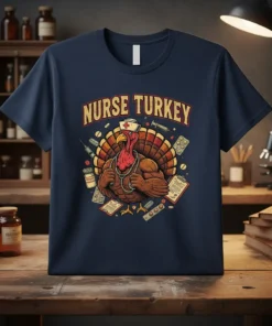 Nurse Turkey design on a navy blue t-shirt, featuring a muscular turkey wearing a nurse's cap and stethoscope, surrounded by
