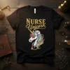 Nurse Unicorn t-shirt design with gold glitter text and a unicorn wearing a nurse cap and goggles
