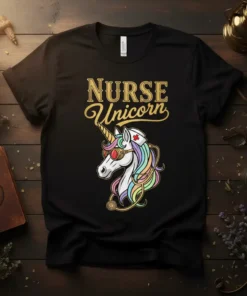 Nurse Unicorn t-shirt design with gold glitter text and a unicorn wearing a nurse cap and goggles