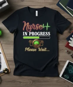 Nurse In Progress Please Wait t-shirt design with a progress bar and vintage gauge graphic