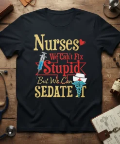 Nurses We Can't Fix Stupid But We Can Sedate It quote on a black t-shirt with medical graphics