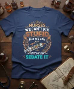 T-shirt with "Nurses We Can't Fix Stupid But We Can Sedate It" quote and syringe graphic