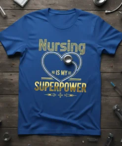 Nursing IS MY SUPERPOWER text design with stethoscope heart graphic on royal blue t-shirt