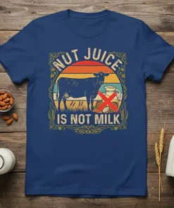 Nut Juice Is Not Milk t-shirt design featuring a cow, vintage sunset, and crossed-out milk pitcher