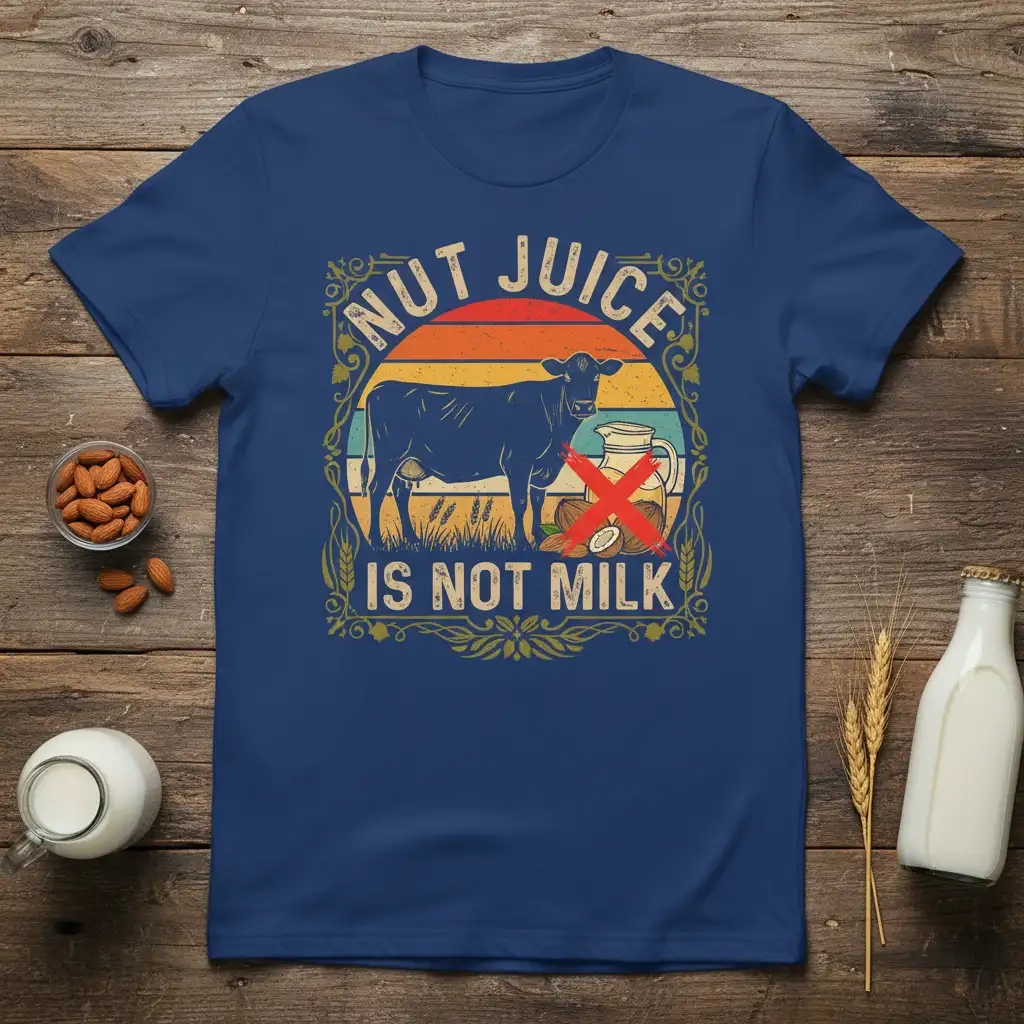 Nut Juice Is Not Milk text with cow graphic and vintage sunset design, promoting veganism