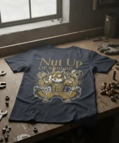 Nut Up or Shut Up quote with a muscular squirrel wearing goggles and tactical gear, flexing biceps, with gears and